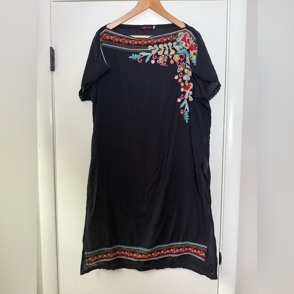 Johnny Was Janice Tunic Cover Up Dress Black Floral Embroidered Cotton Medium